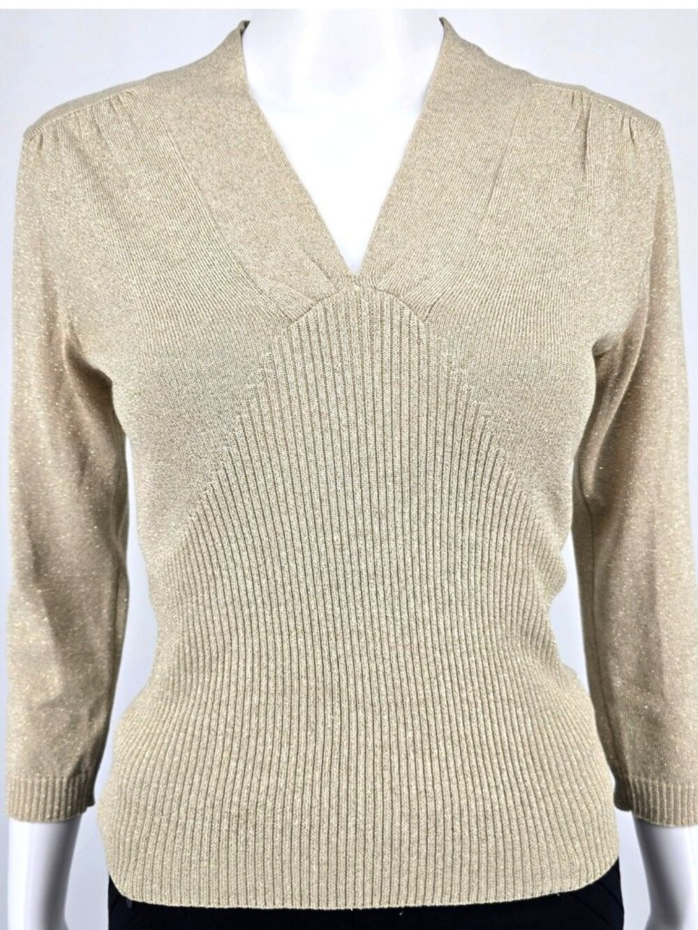 2000s George Women's Gold Metallic Silk Blend V-Neck Sweater (Extra Small 0/2)